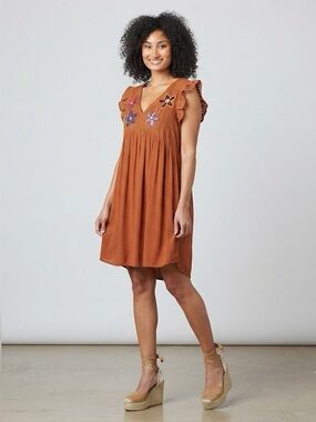 IVY Rustic Orange Flutter Sleeve V-Neck Eyelet Embroidered Dress